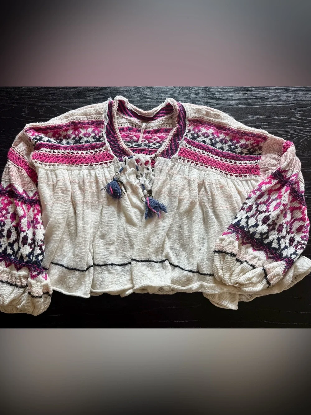 Free People Knit & Crochet Cardi S White, Pink, Purple Bubble Sleeves⭐️Like New